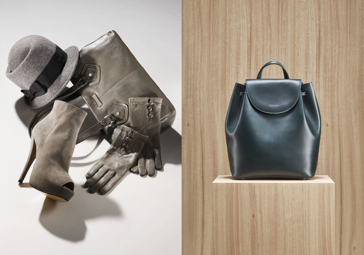 Stylish editorial shot featuring a grey hat, handbag, high-heeled peep-toe shoe, and gloves alongside a dark green leather backpack.