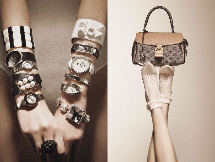 Elegant shot showcasing a Louis Vuitton handbag with female legs wearing sheer socks and arms adorned with a collection of watches and bracelets.