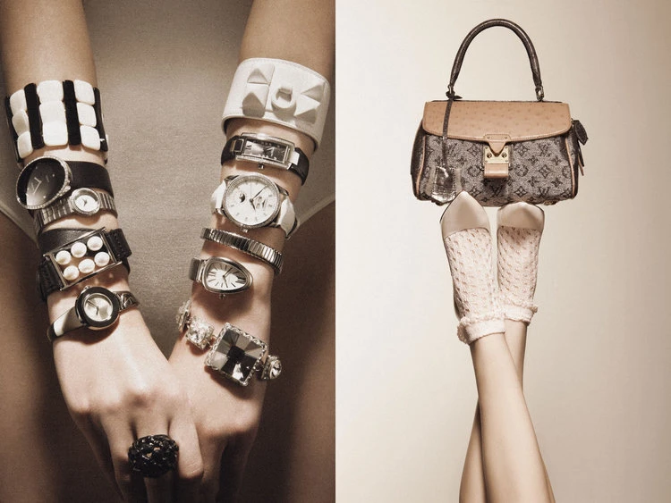 Elegant shot showcasing a Louis Vuitton handbag with female legs wearing sheer socks and arms adorned with a collection of watches and bracelets.