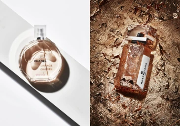 Split view product photography featuring Chanel Chance perfume on white and Balenciaga fragrance on textured copper foil by Pete Daly.