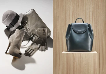 Split view showing grey accessories on white and a green leather backpack on a wooden pedestal by Pete Daly