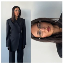 Woman wearing a black blazer and oval glasses in a diptych format against a plain light wall