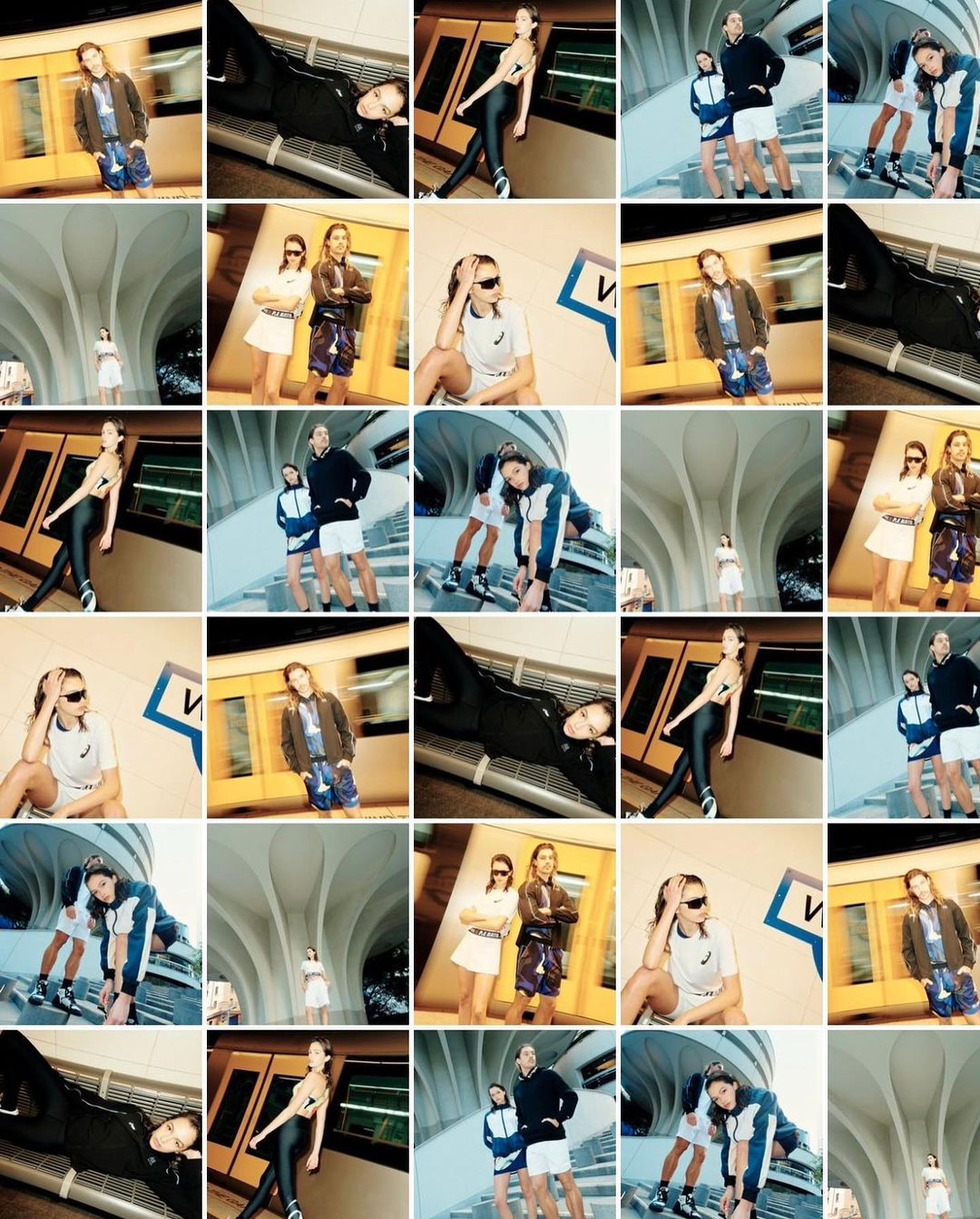 Collage of people modeling athletic wear, including leggings, shorts, jackets, and sunglasses, inside a subway station with a train.