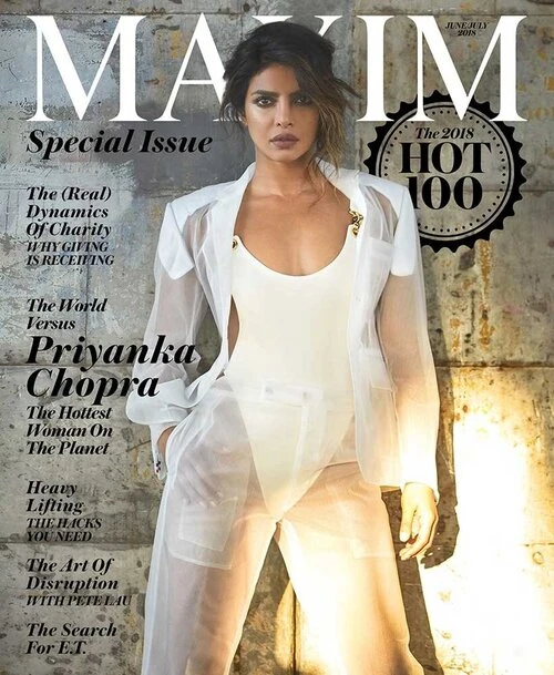 Magazine cover featuring Priyanka Chopra in semi-sheer white outfit, posing against a textured wall with the MAXIM logo displayed prominently.