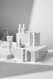 Monochrome product photography of multiple white skincare bottles and tubes arranged on white geometric blocks with glass laboratory glassware