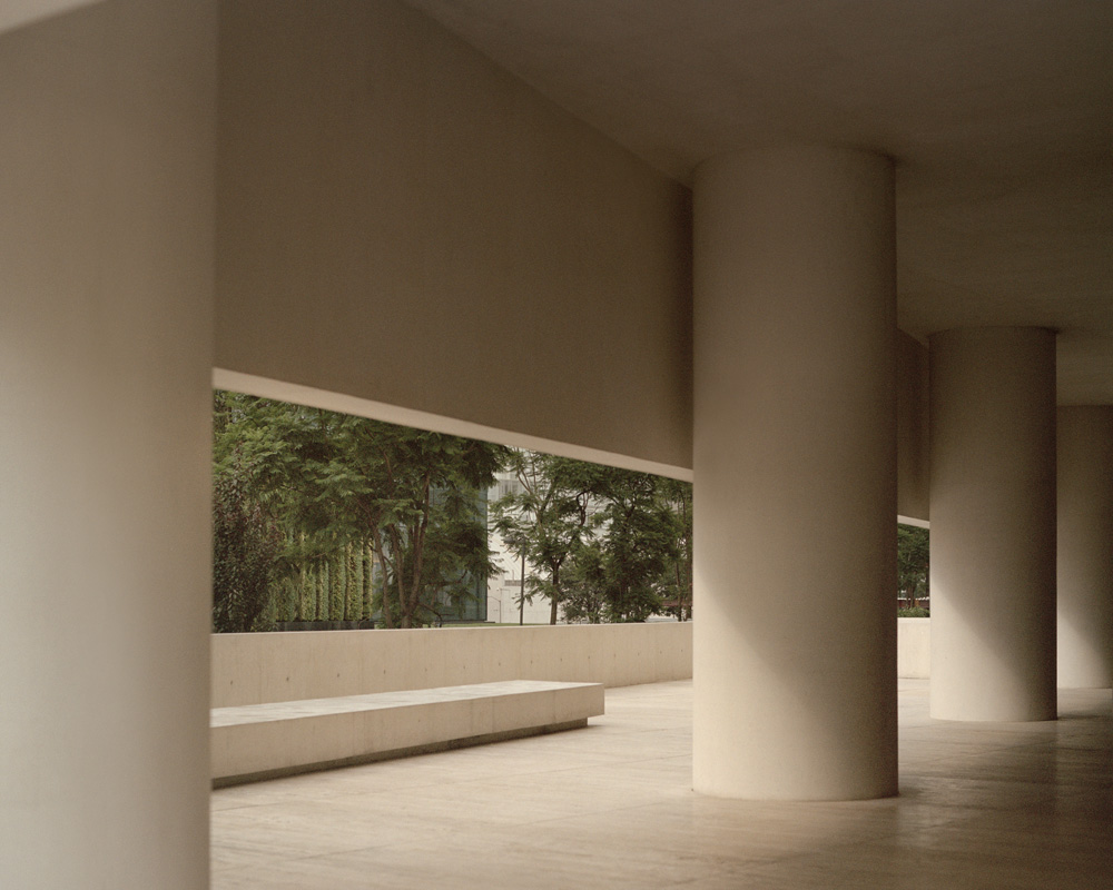Architectural shot featuring a row of round columns supporting a structure, with a view of trees and greenery in the background.