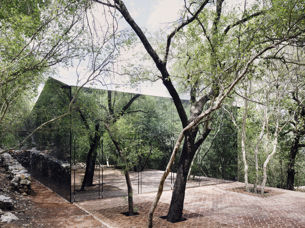 Modern glass building reflects a lush forest, creating a seamless blend of architecture and nature, complemented by a patterned brick path.