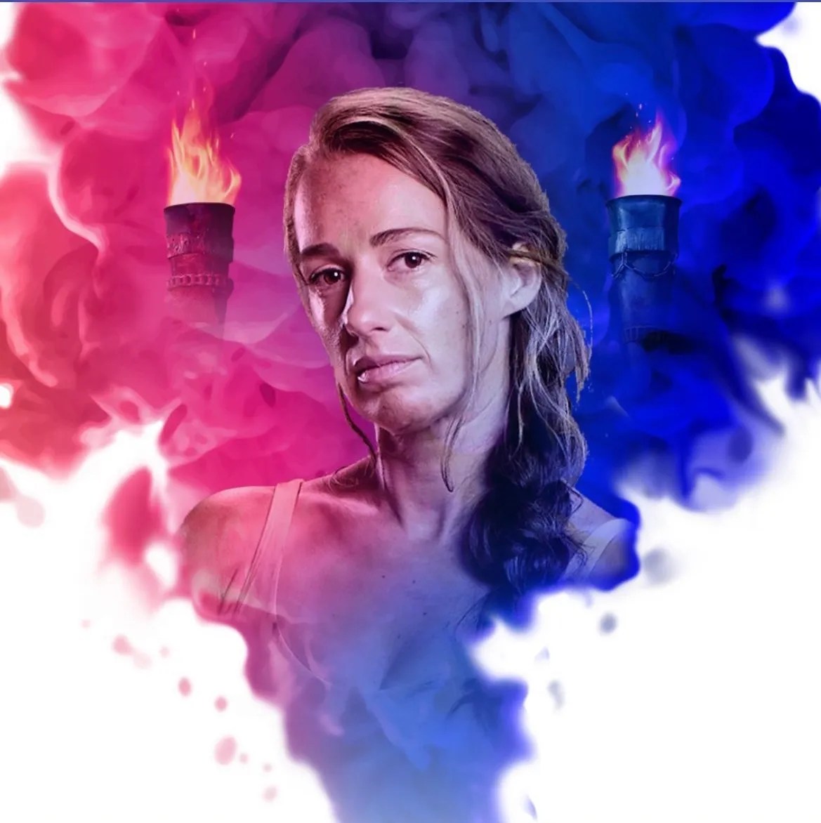Portrait of an adult woman with long hair, with fantasy torches and pink and blue vapor background on a white background.
