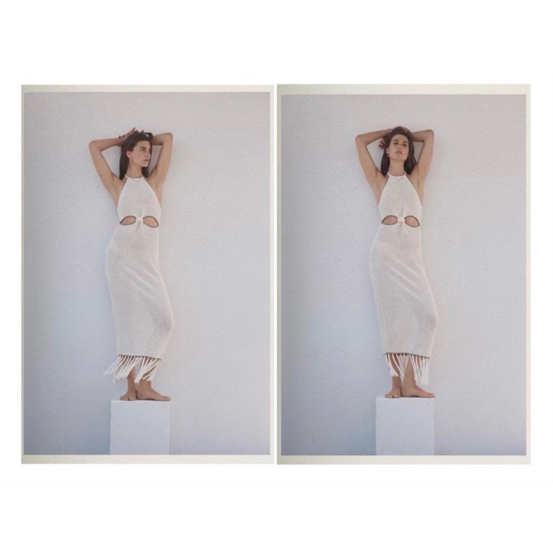 Two images of a woman in a white halter dress with side cut-outs and fringe at the bottom posing on a white block in a photo studio.