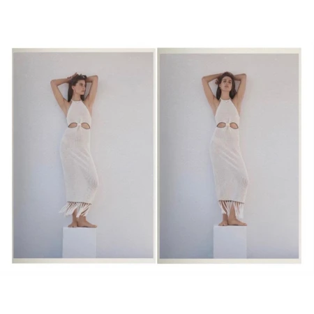 Two images of a woman in a white halter dress with side cut-outs and fringe at the bottom posing on a white block in a photo studio.
