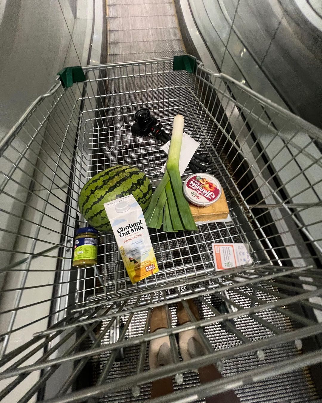 Groceries including watermelon, leek, oat milk, and cheese in a metal shopping cart on an escalator going upward.