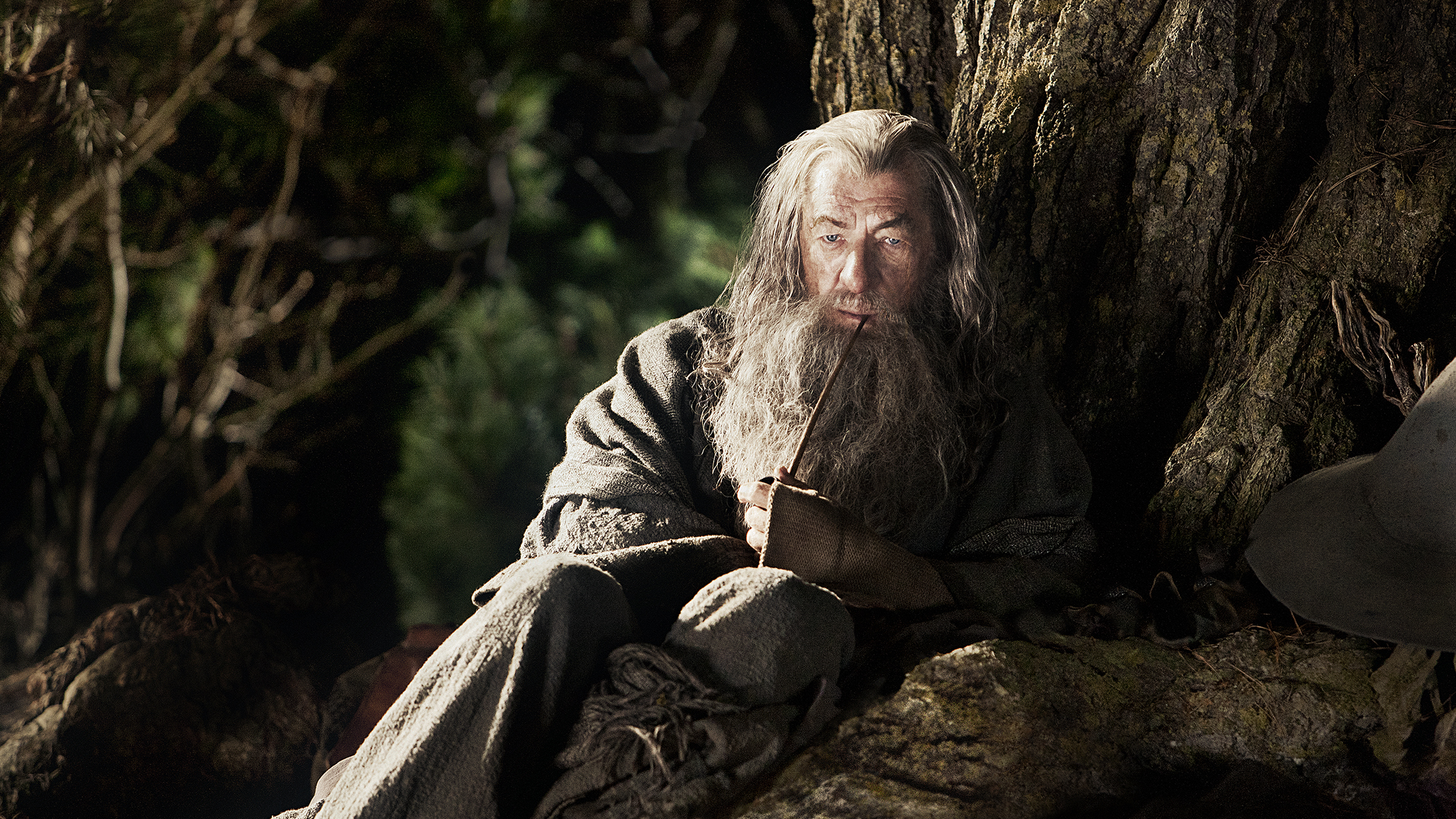Gandalf, an elderly man with a long beard, sits near a tree, smoking a pipe in a dimly lit outdoor environment; cinematic and weathered look.