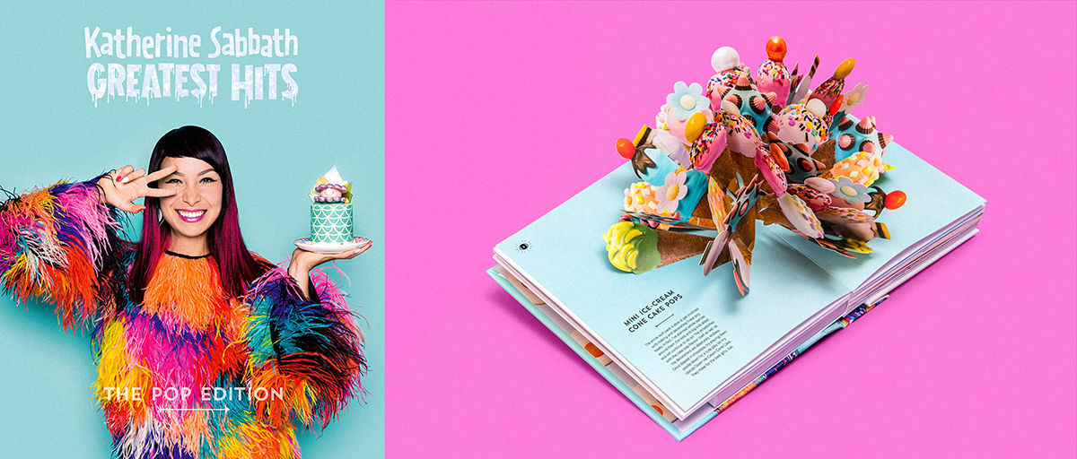 Katherine Sabbath album cover with a woman in a colorful jacket holding a dessert, alongside a pop-up book featuring ice cream cone illustrations.