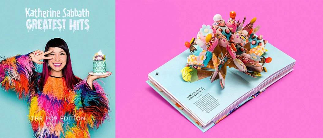 Katherine Sabbath album cover with a woman in a colorful jacket holding a dessert, alongside a pop-up book featuring ice cream cone illustrations.