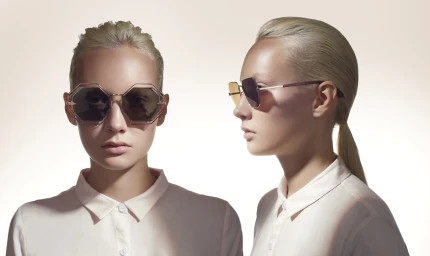 Two portraits of a blonde woman wearing geometric sunglasses and a light button-down shirt against a white backdrop.