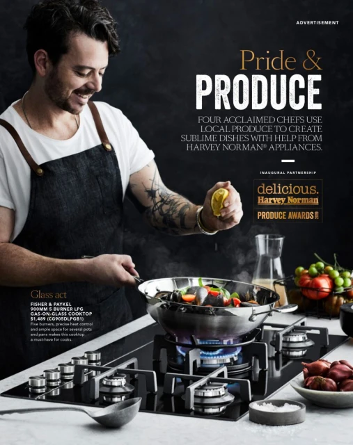 Advertisement featuring a chef preparing food on a gas cooktop with fresh produce nearby. Man smiling and squeezing a lemon.