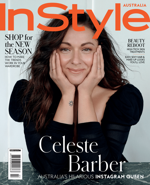 Magazine cover featuring Celeste Barber with orange InStyle logo; beauty and fashion content visible; new season wardrobe trends.