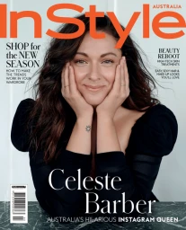 Celeste Barber on InStyle Australia magazine cover wearing a black top with her hands on her face