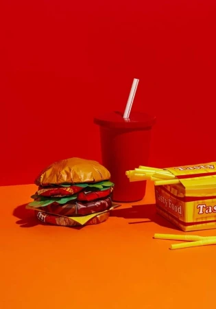 Still life shot of a burger made from paper and chips, a paper cup with a straw, and a box of paper fries on an orange surface.