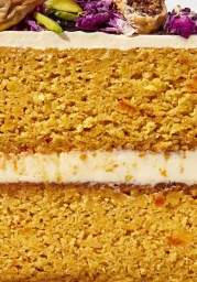 Close-up of layered spice cake with white frosting and pistachio and dried flower garnish by Tanya Zouev