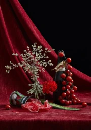 Still life arrangement with cherry tomatoes, a dark bottle, a dried plant, and red fabric draped against a black background.