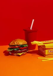 Handmade paper craft fast food set including a layered burger, red drink cup, and yellow french fry carton on orange and red backgrounds