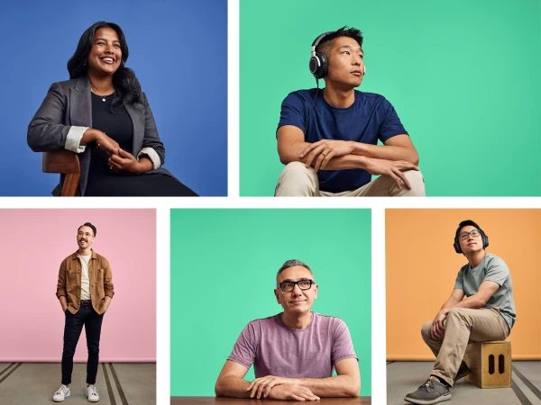 Composite of five studio portraits featuring diverse models against brightly coloured backgrounds by Tim Jones