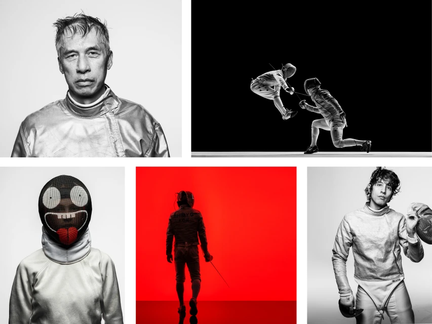 Monochrome montage shows fencers in action, wearing protective gear and holding swords, with a mix of portraits and action shots.