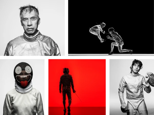 Monochrome montage shows fencers in action, wearing protective gear and holding swords, with a mix of portraits and action shots.