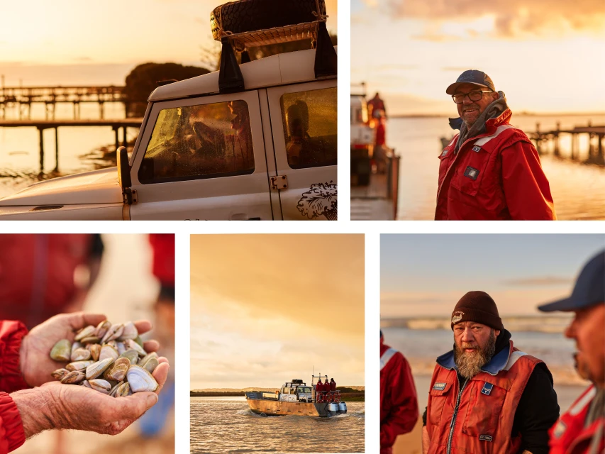 Collage of six images showing a white SUV by a lake, an older man in a red jacket by the water, and people on a fishing boat.