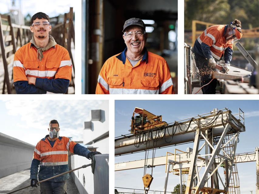 Collage of construction and factory workers in orange safety vests. Men use tools, operate machinery, and stand in industrial settings.