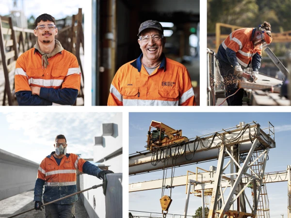 Collage of construction and factory workers in orange safety vests. Men use tools, operate machinery, and stand in industrial settings.
