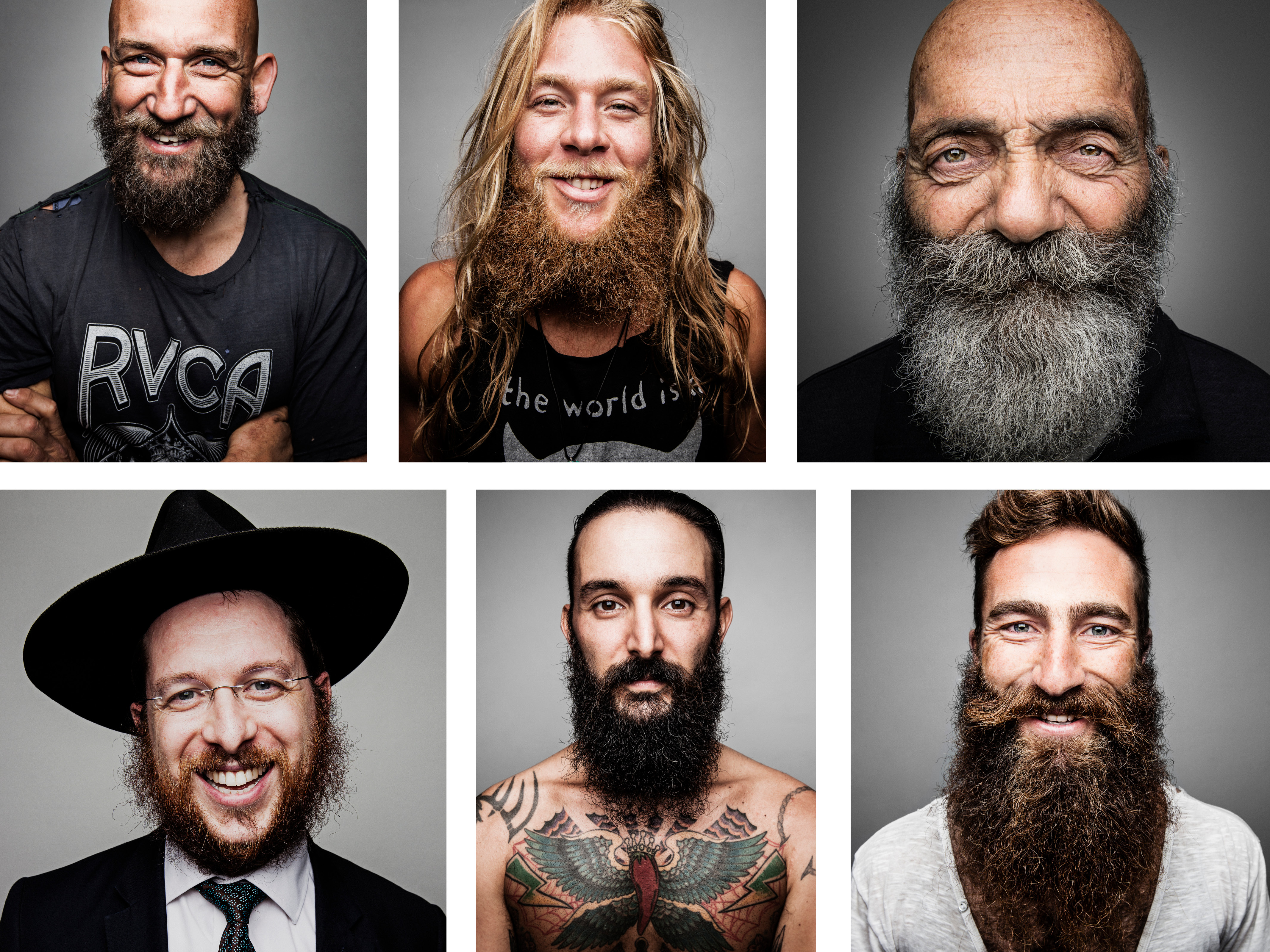 Six portraits of men with beards. A collage of diverse faces, beards, and expressions against a neutral gray backdrop, shot indoors.