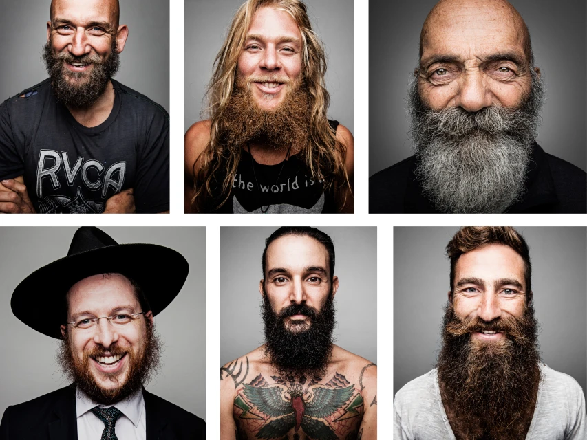 Six portraits of men with beards. A collage of diverse faces, beards, and expressions against a neutral gray backdrop, shot indoors.
