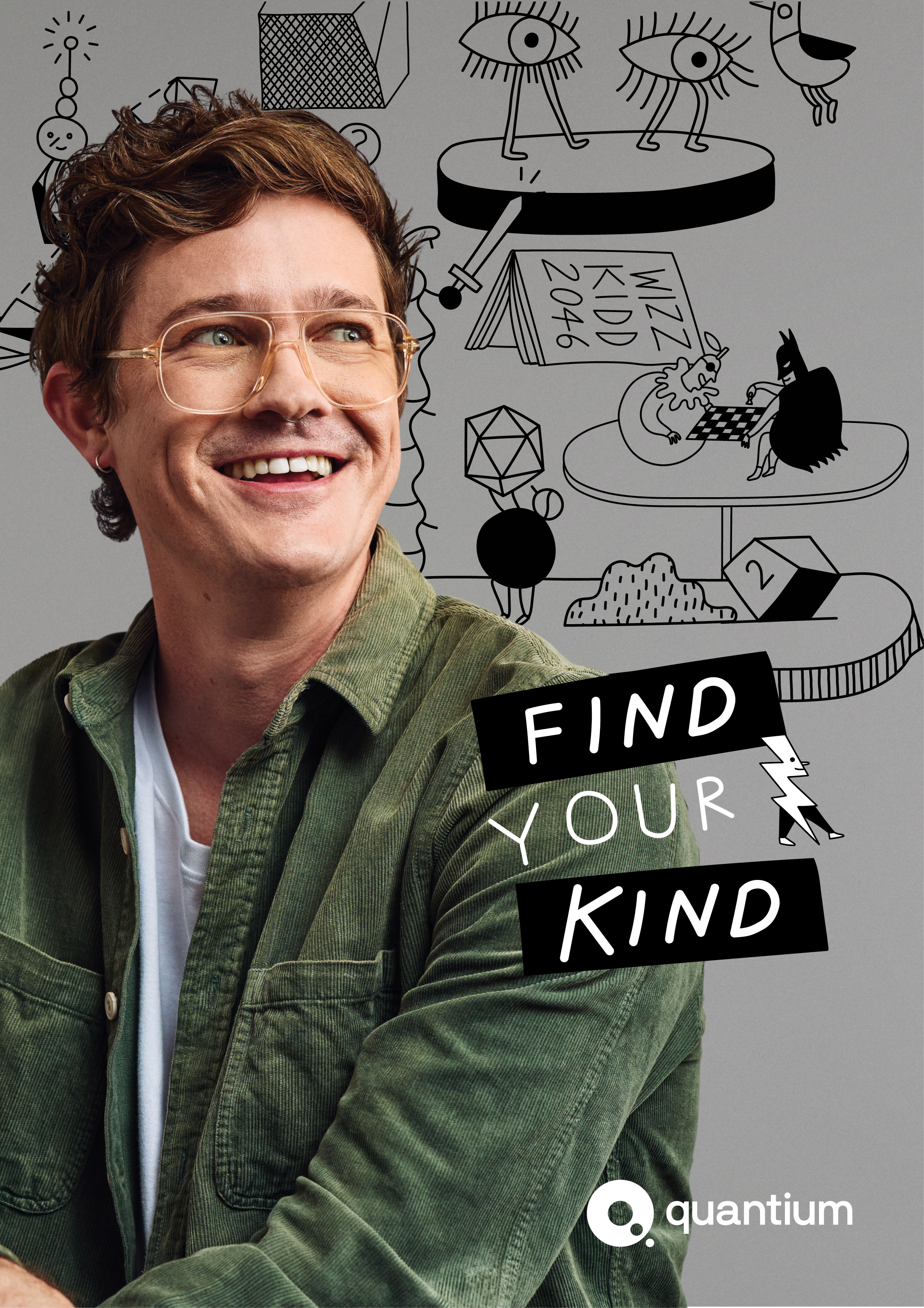 Smiling man in corduroy shirt and glasses posing with illustrations, with 'Find Your Kind' text and Quantum logo on gray background.