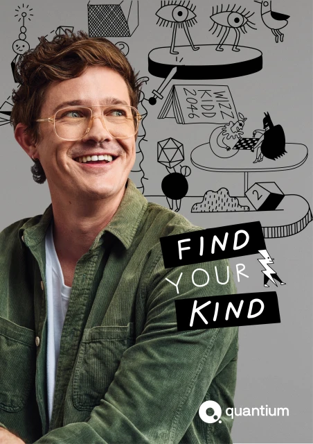 Smiling man in corduroy shirt and glasses posing with illustrations, with 'Find Your Kind' text and Quantum logo on gray background.