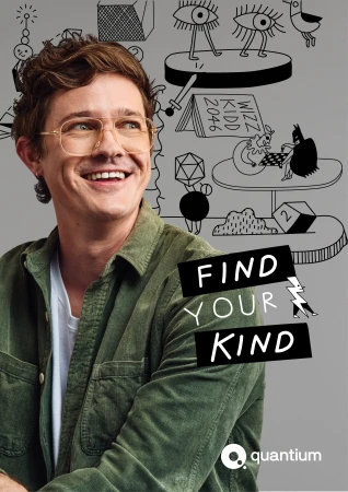Smiling man in corduroy shirt and glasses posing with illustrations, with 'Find Your Kind' text and Quantum logo on gray background.