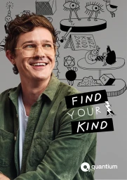 Smiling man in wire-rimmed glasses and a green corduroy shirt against a grey background with playful illustrations
