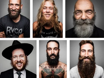Portrait grid featuring six men with distinctive beards and mustaches against a plain grey studio background.