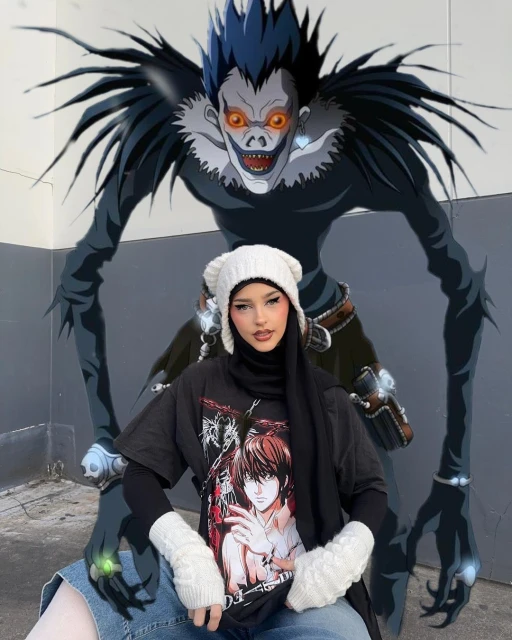 Young woman wearing a hijab and anime-themed shirt, seated in front of a Ryuk character drawing on the wall, creating a unique and creative image.