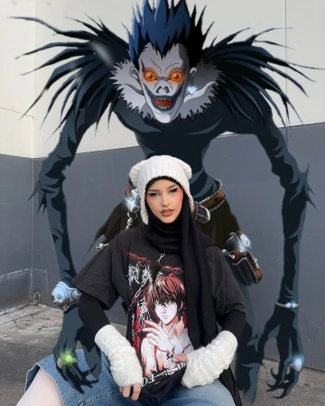 A young woman wearing a black t-shirt, hijab, and white knit beanie poses in front of a digitally composited anime creature figure.