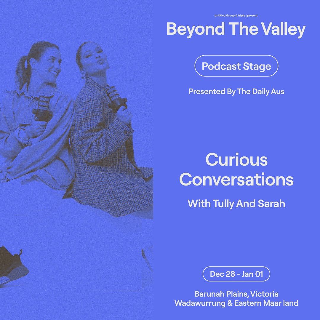 Two women are posing at the Beyond the Valley Podcast Stage. The background is a solid light blue, with the event name and details.