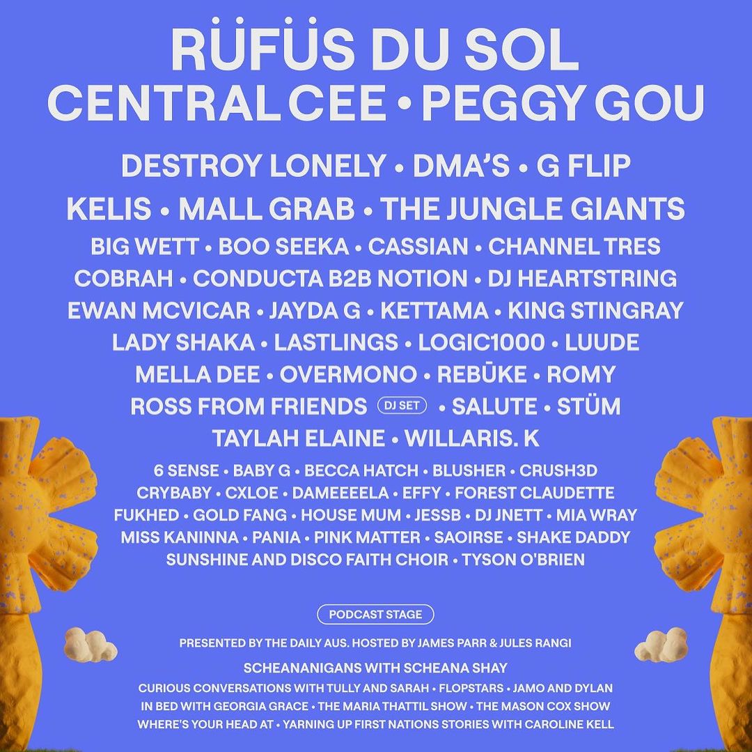 Promotional poster featuring a list of music artists and podcast names in a blue and yellow color scheme, with decorative elements.