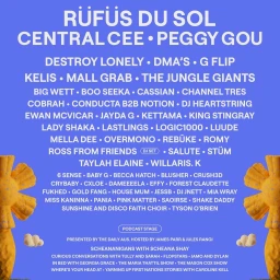 Music festival lineup poster featuring white text on a blue background with yellow decorative sculptural elements