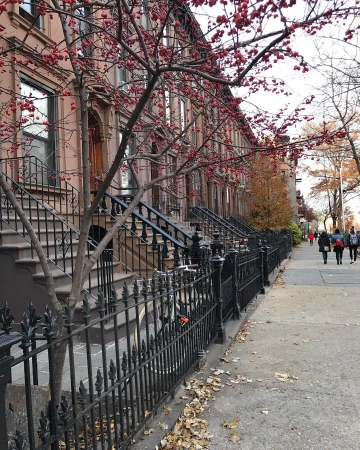 Urban scene featuring a row of brownstone houses with bare trees and a sidewalk with people walking in the background on an overcast day.
