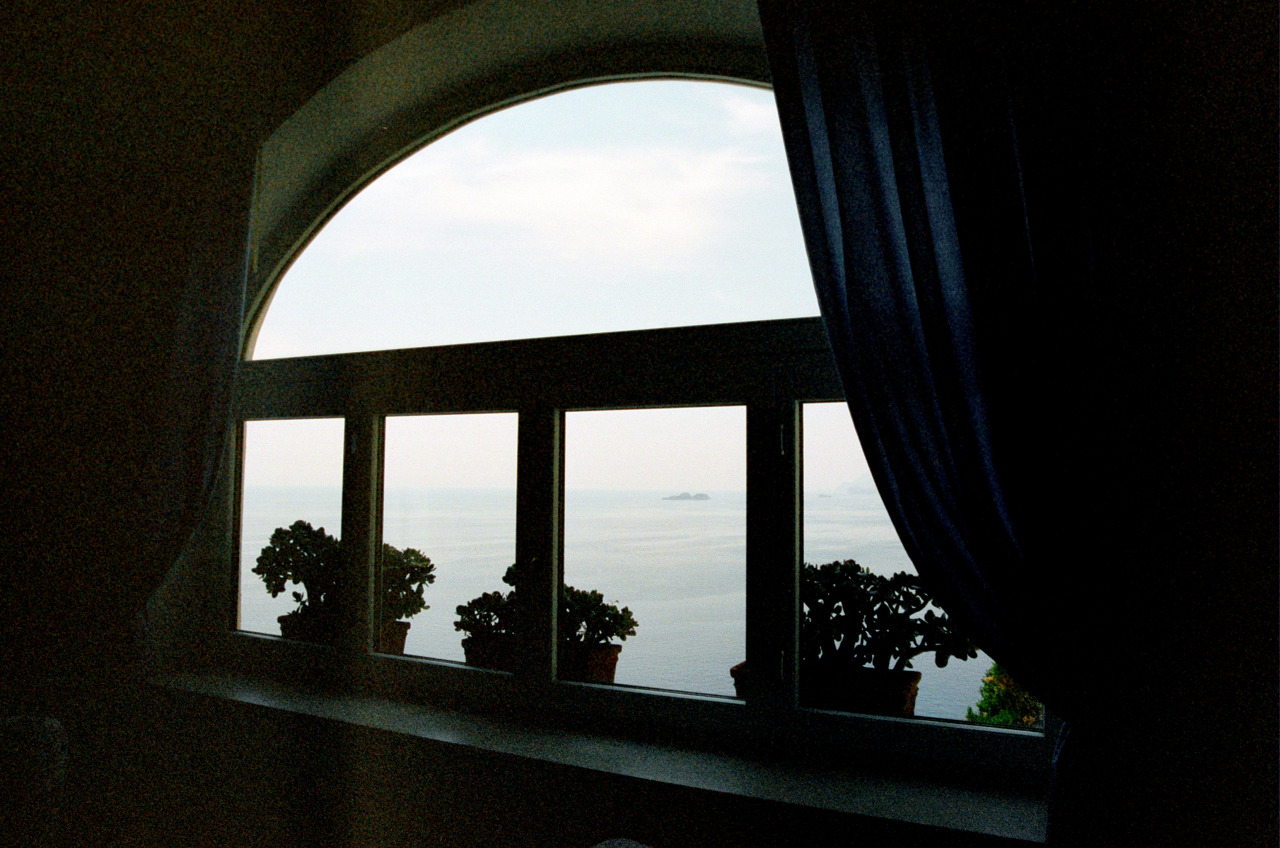 Window view overlooking ocean, potted plants on sill, dark blue curtain on the right. Interior shot, ocean and sky visible.