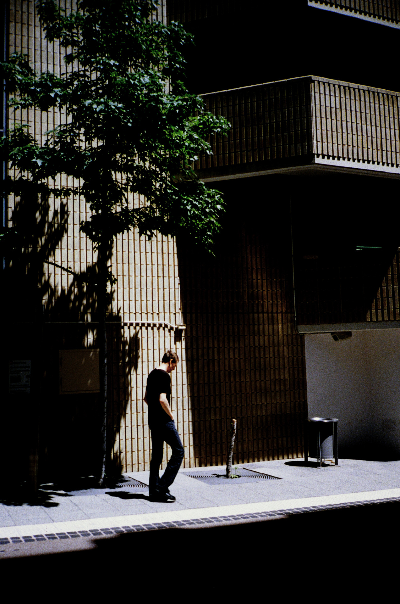 An adult man stands in an urban setting in front of a concrete building with a tree, shot in full sunlight with areas of dark shadow.