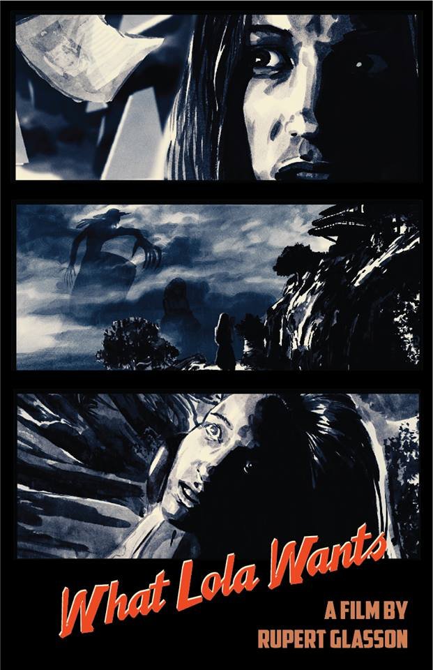 Movie poster featuring a woman's face, monster silhouette, and film title 'What Lola Wants,' blending horror and thriller elements.