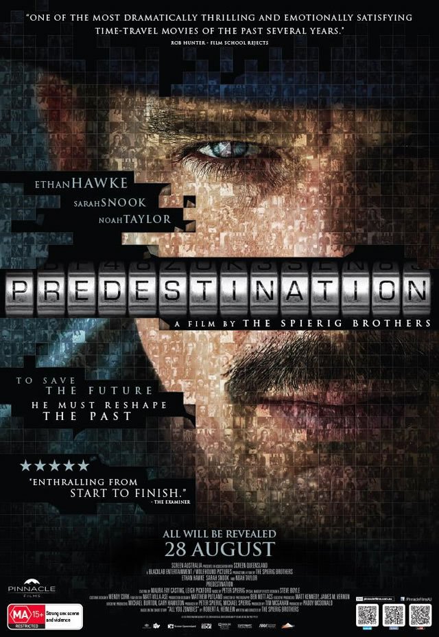 Movie poster for Predestination featuring Ethan Hawke, Sarah Snook, and Noah Taylor with a digital grid overlay and film title.