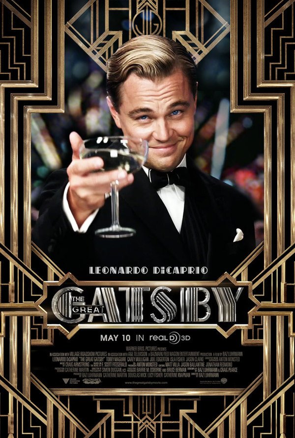 Promotional poster for The Great Gatsby film featuring Leonardo DiCaprio holding a wine glass and smiling. Art Deco gold frame.